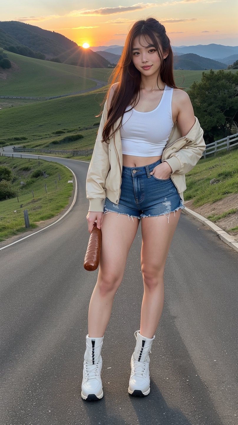 (masterpiece, top quality, best quality,1girls,Korean, beautiful face, smile, long hair, 19 years old, tank top, jacket, shorts, boots, hills, full body view, sunset, holding a sausage in her hand, freckles, perfect arms, perfect skin