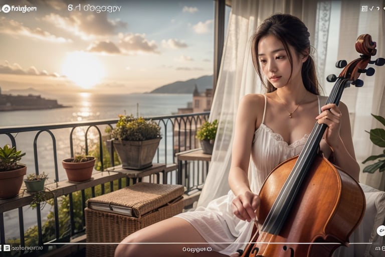 arafed image of a woman playing a cello on a balcony, karol bak uhd, trending on cgstation, 8k uhd official screenshot, unreal engine ; romantic theme, beautiful composition 3 - d 4 k, 8 k hdr movie still, 8k hdr movie still, mucha style 4k, ultra real 8k photography, ultra real 8 k photography,Panoramic view
