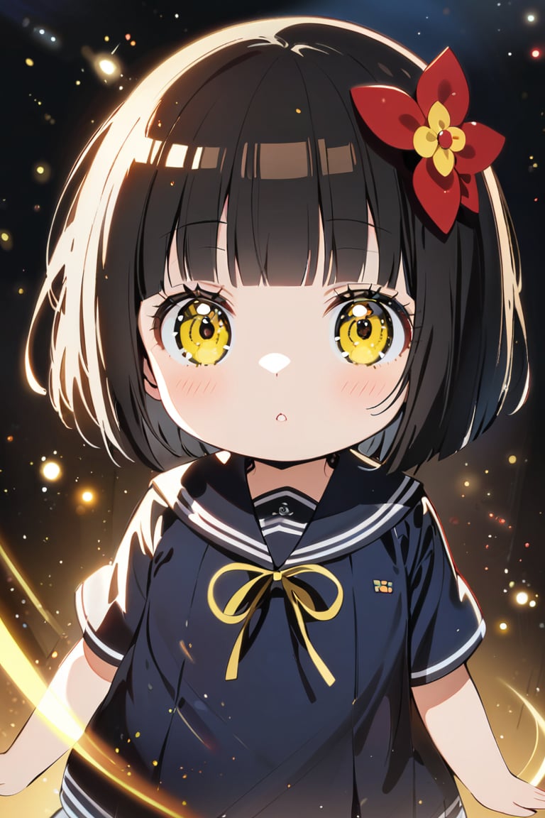 chibi,1 girl, 6 years old, gold light particle effect, bob cut, black hair, yellow eyes, red flower hair ornament, sailor suit, classroommore prism,(mio-XL)