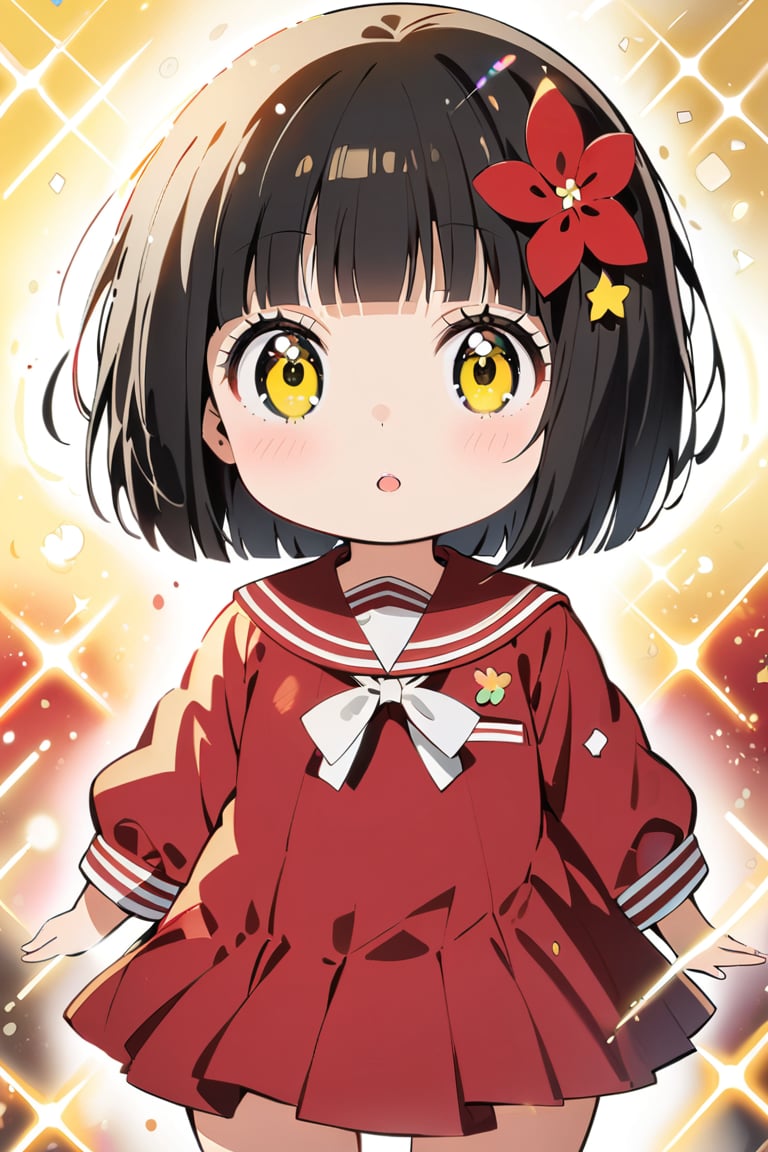 chibi,1 girl, 6 years old, gold light particle effect, bob cut, black hair, yellow eyes, red flower hair ornament, sailor suit, classroommore prism,(mio-XL)