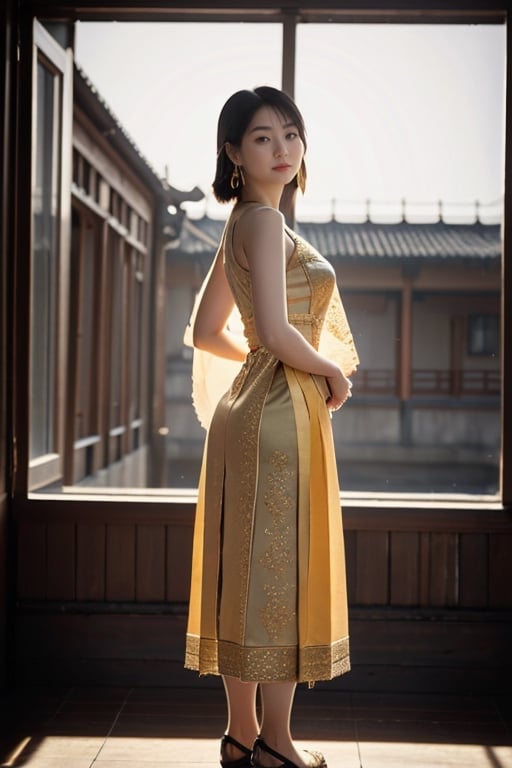 traditional costume, long dress, embroidered shoes, earrings, standing ancient-style, beauty, over-the-shoulder smile, intricate makeup, tendrils of black hair, traditional attire, slender fingers, cloud-pattern embroidery, jade accessories, gentle demeanor, secluded courtyard, floral lattice window shadows, lingering sandalwood incense, softly blurred background, warm yellow tones, gentle lighting, Chinese painting aesthetic, fine brushstrokes, artistic negative space, high-definition texture, 
