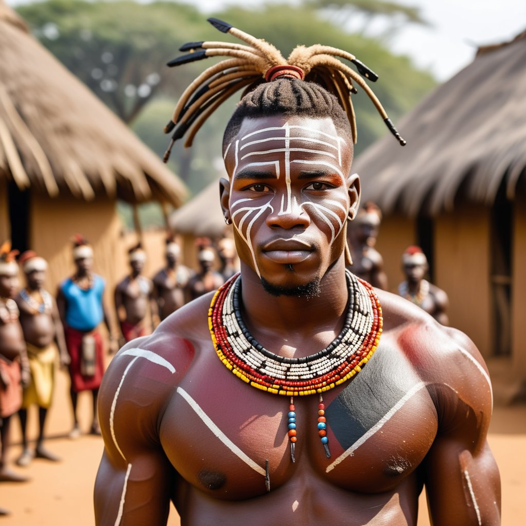 African Village with muscular handsome African male natives with hair paint and beads