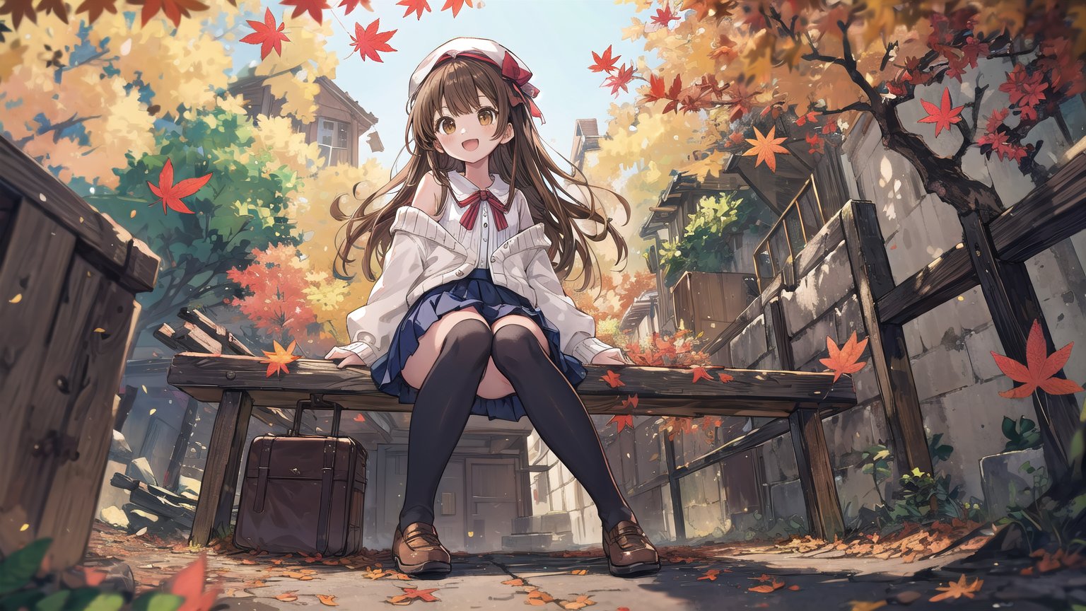 1girl, smile, pleated skirt,solo, long hair, off shoulder, brown eyes, autumn leaves,open mouth, (puffy long sleeves), beret, brown hair, puffy sleeves, open cardigan, autumn, hair ribbon, maple leaves, outdoors,falling leaves,(from below,wide shot,panorama,depth of field,full body,mid shot,English text),(hand on chests),sitting,tilt,