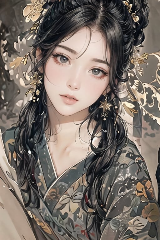 Natural Light, (Best Quality, highly detailed, Masterpiece:1.2), 16k, depth of field, ((wide shot)), 1girl  A lady with long black hair, Full body picture,Tang Dynasty Clothing,barefoot, wearing a white strapless kimono, dark green silk thread, Transparent watercolor, splash ink rendering, chaos rendering, (beautiful and detailed eyes), (realistic detailed skin texture), (detailed hair), (realistic light and shadow), (clean outline, sketch style line art),ink splash,solid color background