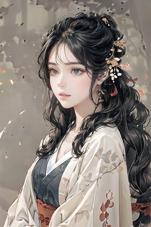 Natural Light, (Best Quality, highly detailed, Masterpiece:1.2), 16k, depth of field, ((wide shot)), 1girl  A lady with long black hair, Full body picture,Tang Dynasty Clothing,barefoot, wearing a white strapless kimono, dark green silk thread, Transparent watercolor, splash ink rendering, chaos rendering, (beautiful and detailed eyes), (realistic detailed skin texture), (detailed hair), (realistic light and shadow), (clean outline, sketch style line art),ink splash,solid color background