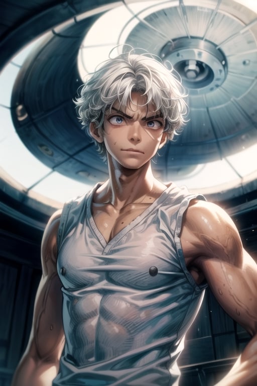 solo, smile, white hair,white shirt, white hair, 1boy, white eyes, upper body, male focus, white shirt, muscular, pectorals,one piece,luffy,white circles,angry,over power