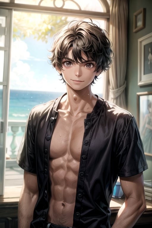 solo, smile, brown hair, shirt, black hair, 1boy, brown eyes, upper body, male focus, black shirt, muscular, pectorals,one piece,luffy,inakigodoy