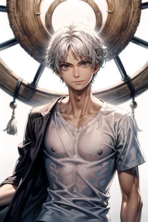 solo, smile, white hair,white shirt, white hair, 1boy, white eyes, upper body, male focus, white shirt, muscular, pectorals,one piece,luffy,magic_circles