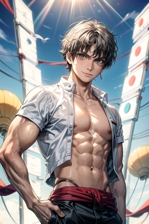 solo, smile, white hair,white shirt, white hair, 1boy, white eyes, upper body, male focus, white shirt, muscular, pectorals,one piece,luffy,white circles