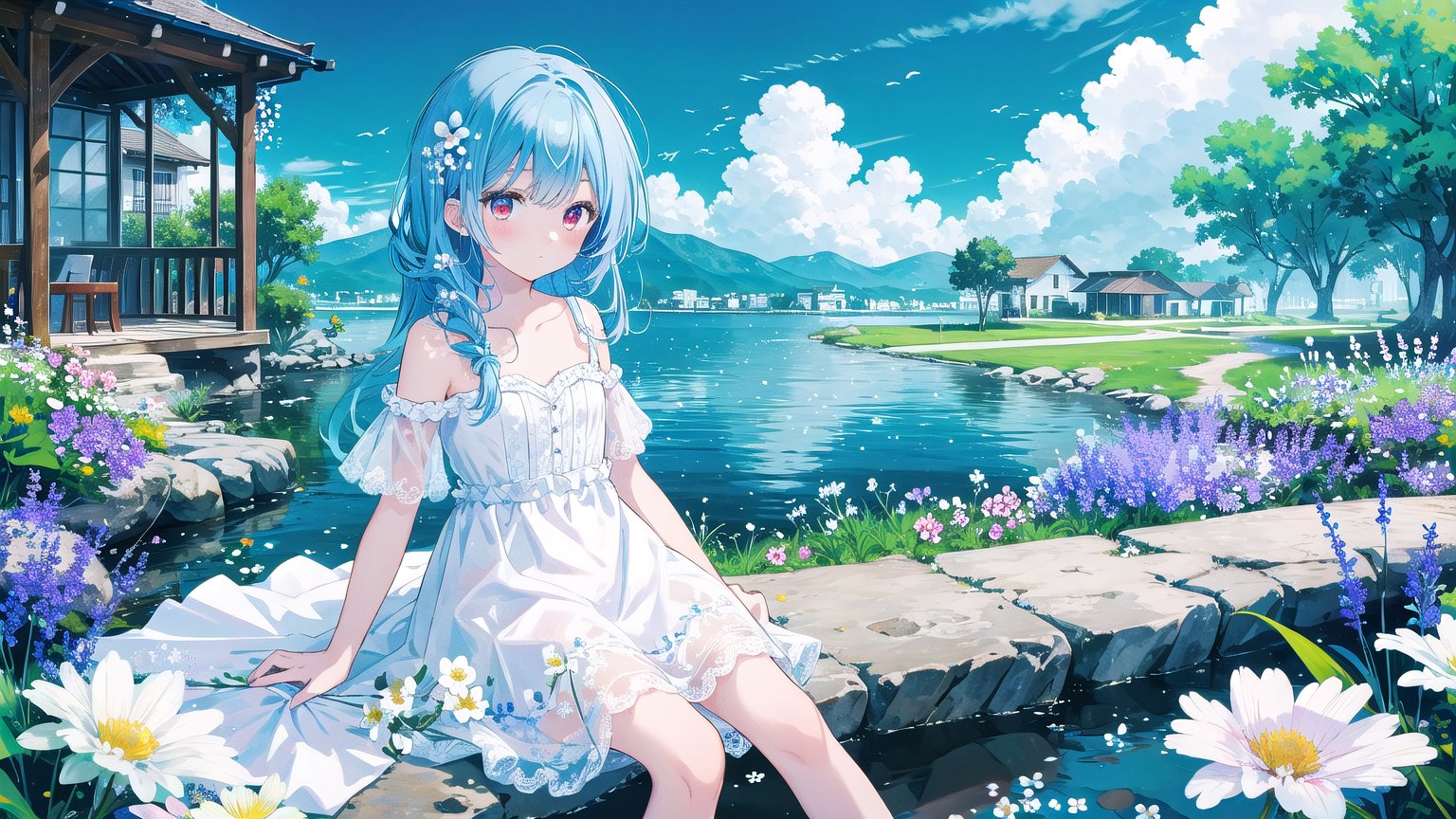 best quality, masterpiece, illustration, (reflection light), incredibly absurdres, 1girl, girl middle of flower, pure skyblue hair, red eyes, clear sky, outside, collarbone, loli, sitting, absurdly long hair, clear boundaries of the cloth, white dress, fantastic scenery, ground of flowers, thousand of flowers, colorful flowers, flowers around her, various flowers, colors