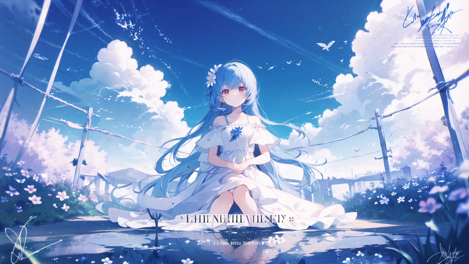 best quality, masterpiece, illustration, (reflection light), incredibly absurdres, (Movie Poster), (signature:1.3), (English text:1.3), 1girl, girl middle of flower, pure skyblue hair, red eyes, clear sky, outside, collarbone, loli, sitting, absurdly long hair, clear boundaries of the cloth, white dress, fantastic scenery, ground of flowers, thousand of flowers, colorful flowers, flowers around her, various flowers, colors