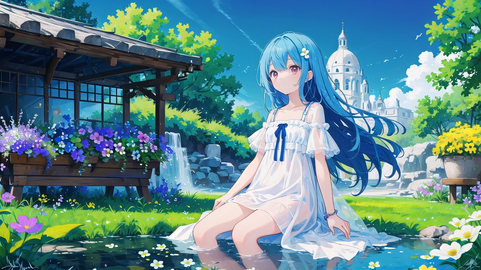 best quality, masterpiece, illustration, (reflection light), incredibly absurdres, (Movie Poster), (signature:1.3), (English text:1.3), 1girl, girl middle of flower, pure skyblue hair, red eyes, clear sky, outside, collarbone, loli, sitting, absurdly long hair, clear boundaries of the cloth, white dress, fantastic scenery, ground of flowers, thousand of flowers, colorful flowers, flowers around her, various flowers, colors