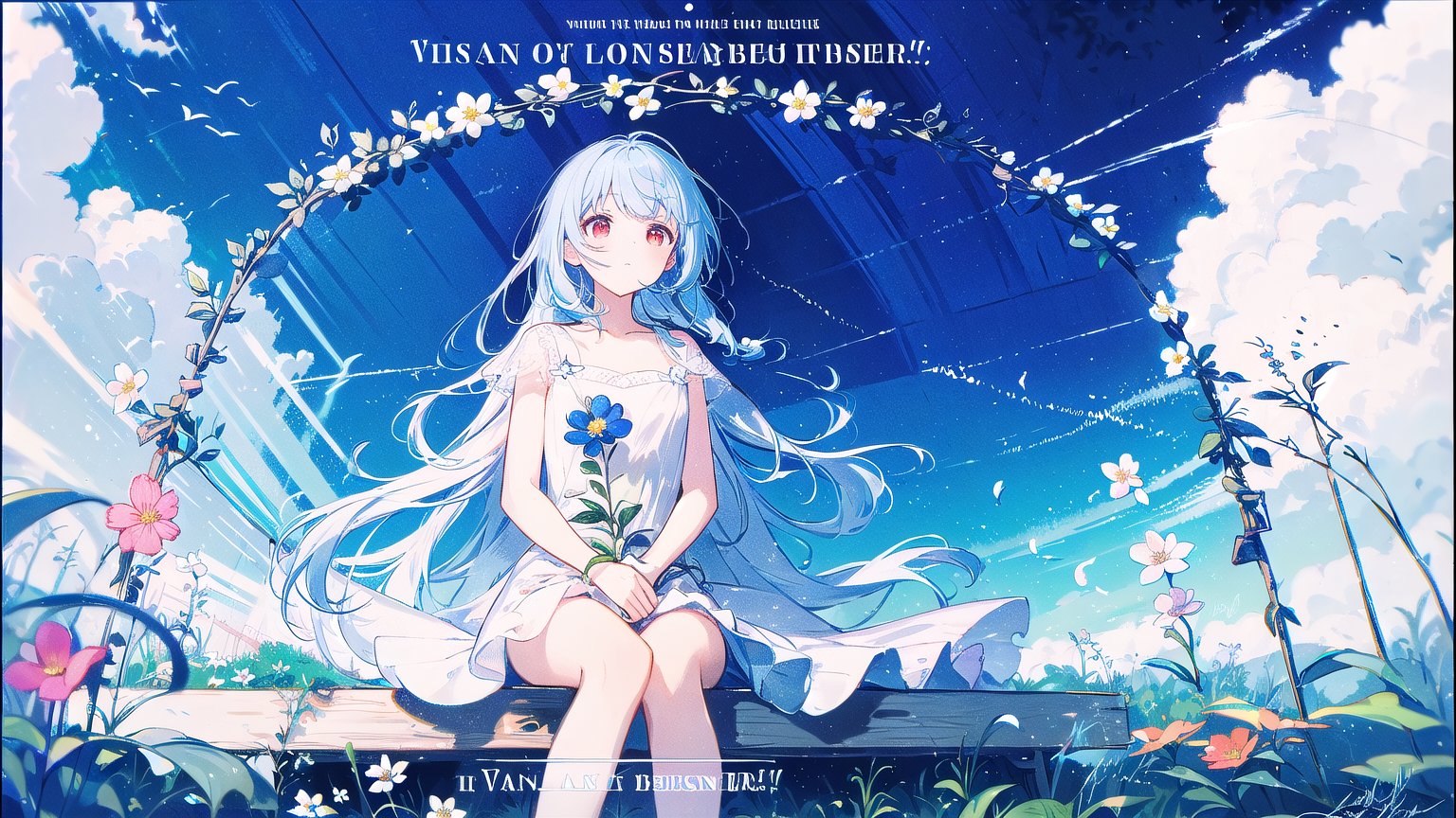 best quality, masterpiece, illustration, (reflection light), incredibly absurdres, (Movie Poster), (signature:1.3), (English text:1.3), 1girl, girl middle of flower, pure skyblue hair, red eyes, clear sky, outside, collarbone, loli, sitting, absurdly long hair, clear boundaries of the cloth, white dress, fantastic scenery, ground of flowers, thousand of flowers, colorful flowers, flowers around her, various flowers, colors