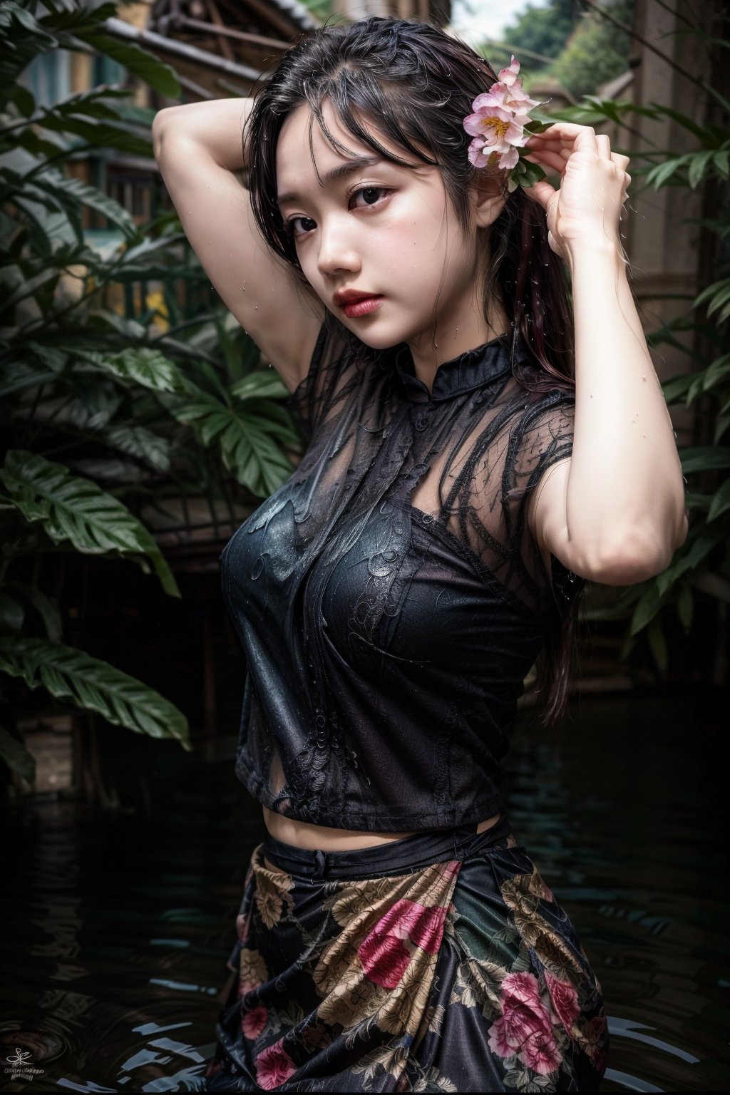 masterpiece, high quality:1.5), (8K, HDR), masterpiece, best quality, 1girl, solo, PrettyLadyxmcc,OrgLadymm,long_ponytail,
1girl, solo, long hair, skirt, shirt, black hair, jewelry, flower, outdoors, blurry, realistic,((sexy pose)),wet_clothing,garden,flowers,arms_raised,view_from_side