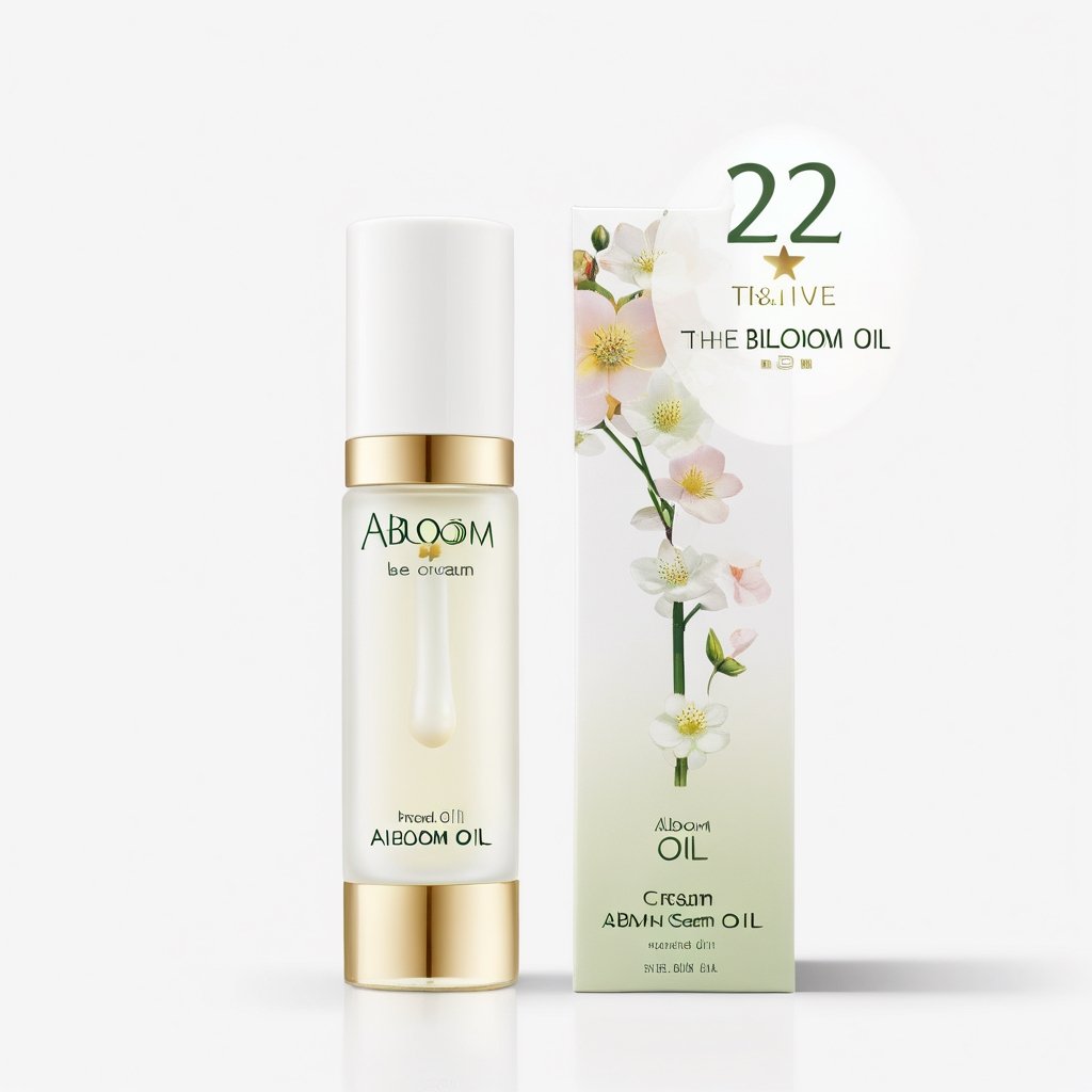 Abloom oil, words be on the container, (abloom oil cream: 1.4), next to its box, white background, no flower, Beauty, cosmetic