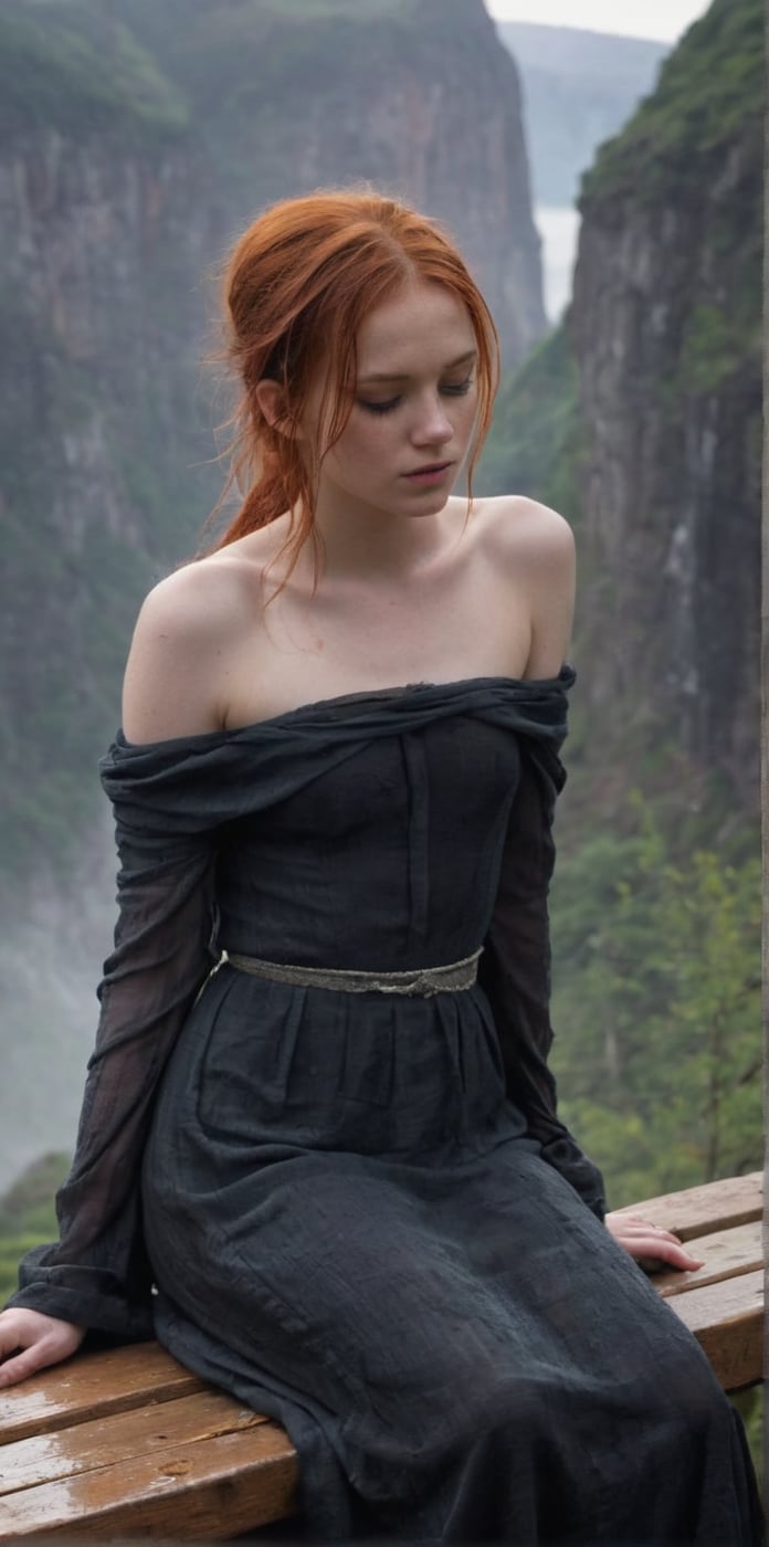 A young girl with fiery, waist-length red hair, her delicate features marked by sorrow, perched on a weather-beaten, splintered wooden bench. Tear tracks glisten on her cheeks as she sits blindfolded in a ragged, ebony cloth, rendering her sightless. She is enveloped by a haunting panorama of colossal cliffs shrouded in ethereal mist, the desolation palpable in the air. A deep, melancholic aura permeates the scene, evoking a poignant blend of solitude and despair,flat chested,1girl