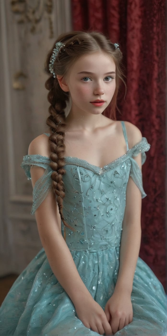 A serene young girl, with porcelain skin and luscious brown locks, sits peacefully in a medium shot. She wears a stunning turquoise dress, bedazzled with silver sequins and a show-stopping flower at its center. Her pigtails, adorned with delicate braids, frame her angelic face as she closes her eyes, slightly parted lips conveying contemplation. The stark white backdrop provides a striking contrast to her vibrant attire, while the red curtain to the left adds a bold pop of color.