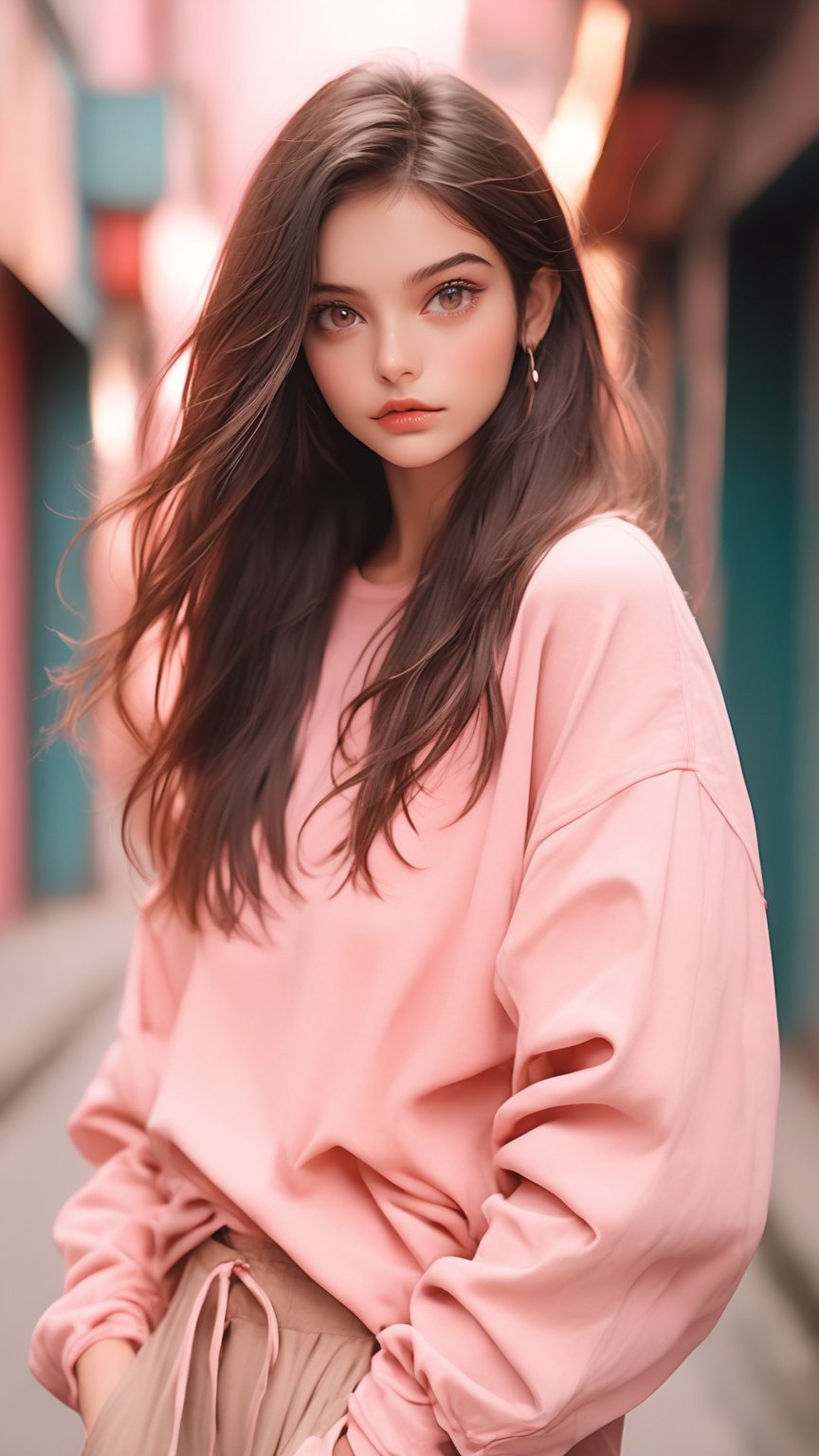 Photo of a 16-year-old, mixed with Indian and White, Urban Outfitters model, with very long dark brown hair, hazel eyes, an alluring gaze, dynamic pose, pink background, mid-length shot, warm color tone, 35mm, shot on Kodak Ektar 100, realistic