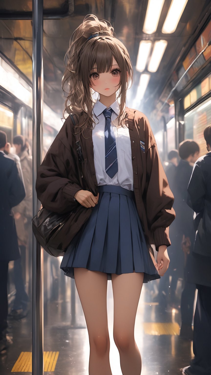 masterpiece, (((Realistic and delicate high-resolution , Realistic and delicate high-quality ,(Well-proportioned and perfect body proportion structure),(((image structure of real human texture))), (((crowded_subway))), (((indoor))), (((fluorescent_light))), full_body, (Japanese high school girl), (Cold_face), (harsh_eyes), (heavy_makeup:1.1), (smokey_makeup:1.1), (narrow_waist), (gyaru), (black_long_hair), (loose-fitting_clothes:1.4), (black_cardigan), (light_blue_shirt), (((indigo_school_uniform_skirt))), (neck_tie), (skinny_body), (bangs), (dark_brown_eyes), (hime_cut, long_ponytail), ((subway chairs, subway windows, subway handles, subway pole, subway doors,))