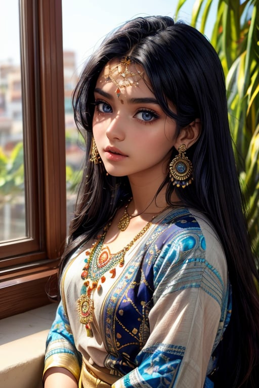 lovely cute young attractive indian girl, blue eyes, gorgeous actress, 23 years old, cute, an Instagram model, long hair, black hair, Indian, weaaring blouse, wearing bindi in forehead, ear rings,looking hot, under sunlight, looking on window,