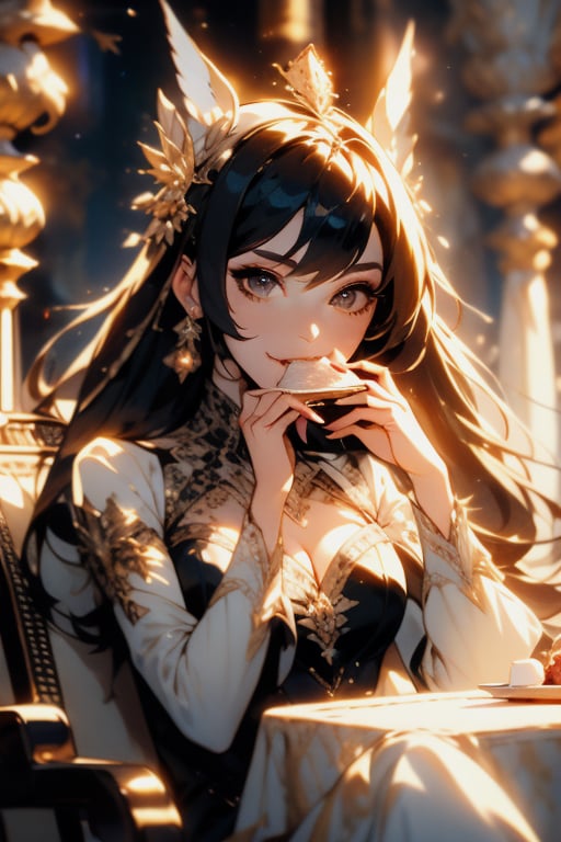 furina, Elegant appearance, sitting on throne eating a delicious cake, her face radiates satisfaction. Background in a royal hall luxuriously decorated with fantastic elements, at night with moonlight filtering in. Setting in a fantasy world where magic and reality intertwine. Anime image style with vibrant details and eye-catching colors, high resolution image quality with accurate details and realistic textures. Focal lighting that highlights Furina's figure and creates dramatic shadows. Medium shot composition that highlights Furina's face and the cake she is enjoying.

,