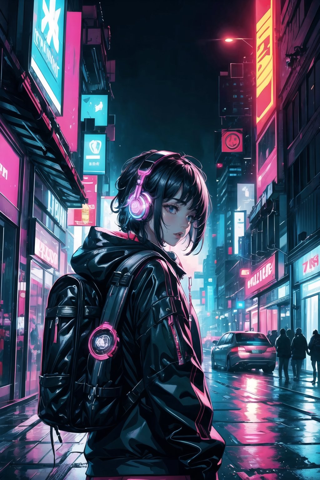 Dreampolis, hyper-detailed digital illustration, cyberpunk, single girl with techsuite hoodie and headphones in the street, neon lights, lighting bar, city, cyberpunk city, film still, backpack, in megapolis, pro-lighting, high-res, masterpiece,asina man