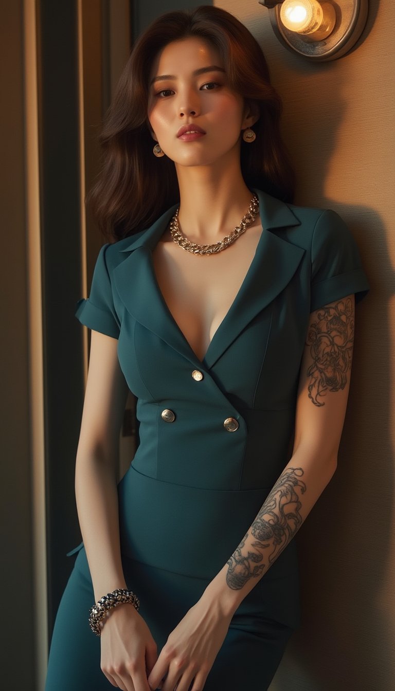 Masterpiece portrait of a stunning Korean woman in a tight Stewardess uniform, adorned with a gold necklace, skyblue bracelet, and long Wave brown hair styled like a Vogue model. The subject exudes confidence with tattoos peeking out from beneath the uniform's sleeve. A beautiful, full-length shot captures her striking features and exquisite details, including oversized clevage and intricate textures that seem to leap off the canvas. Sidelighting creates a cinematic effect, casting warm, ambient tones across her porcelain skin. Vibrant colors pop against muted backgrounds, evoking a sense of gothic horror. Octane reflections and diffused light add depth and dimensionality to this ultra-realistic illustration, as if plucked straight from a Howard Lovecraft tale or a top-score horror film.