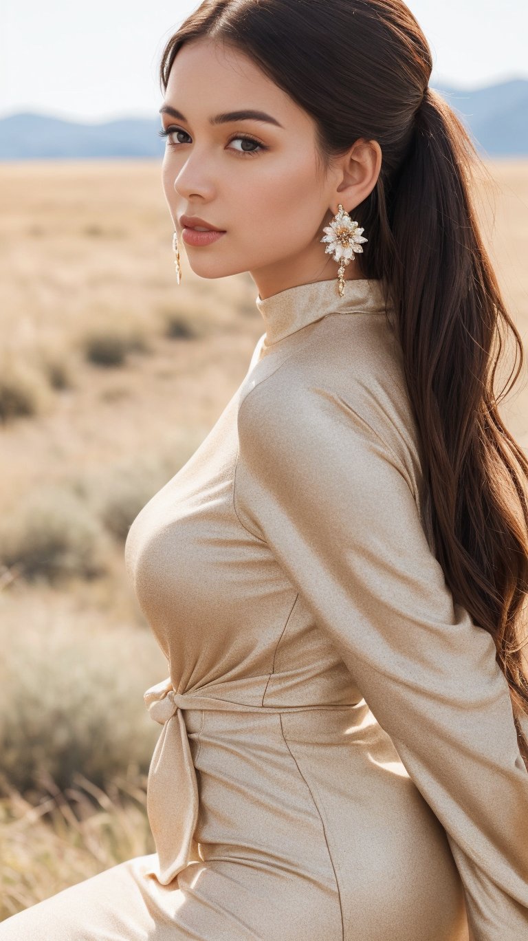 Close-up portrait of a refined woman standing in a rugged cowboy stance, amidst a sun-kissed open range landscape. She wears a knee-length floral dress with long sleeves, adding an air of sophistication. Her silvery hair is styled in a sleek ponytail, framing her striking profile and full lips. A pair of dangling earrings glimmer in the golden light, casting a warm glow on her porcelain skin. The camera captures her confident pose from a slight angle, emphasizing her strong features and contrasting textures.