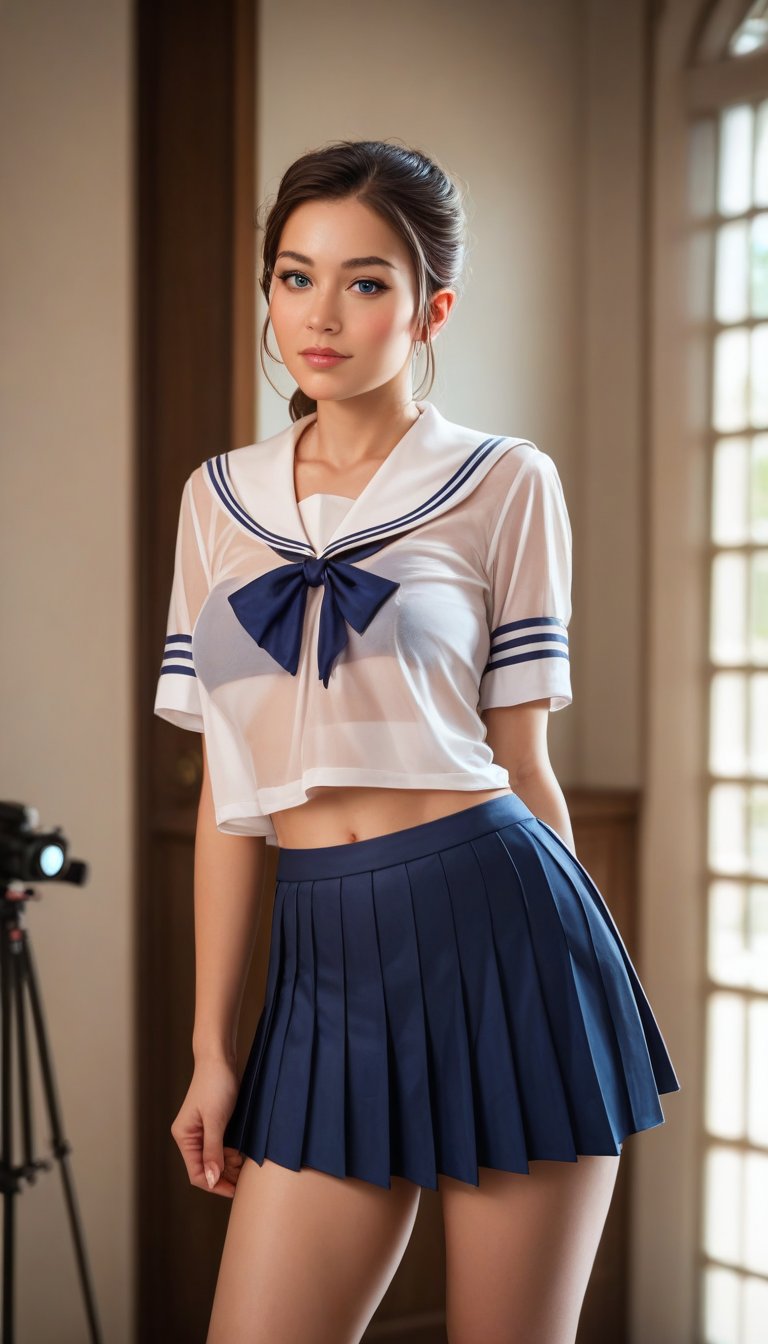 score_9, score_8_up, score_7_up, Realistic, A sultry siren in a sailor dress dominates the frame, leaning seductively against a weathered wooden dock. The navy pleated miniskirt and white  see-through shirt create a tantalizing contrast under the warm sunlight, casting a flattering glow on her porcelain skin. 