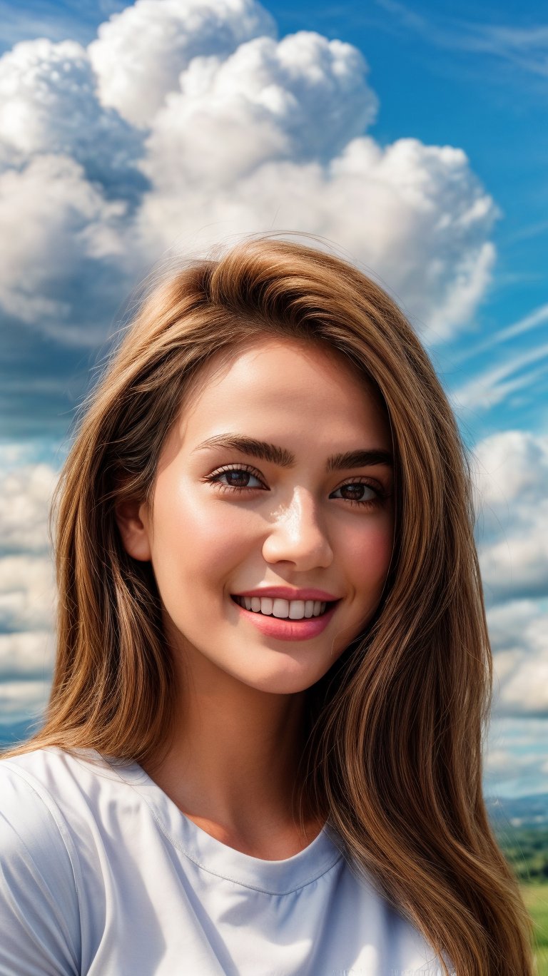 (1girl:1.2), (big smile), beautiful face, Amazing face and eyes, long silky brown hair, wearing white t shirt, delicate, (Best Quality:1.4), (Ultra-detailed), (extremely detailed beautiful face), cute smile, brown eyes, (highly detailed Beautiful face), (summer high school uniform:1.2), (extremely detailed CG unified 8k wallpaper), Highly detailed, High-definition raw color photos, Professional Photography, Realistic portrait, Extremely high resolution, smiling, (Clouds all over the sky, cloudy sky, lots of clouds:1.5), (cloudy day:1.5), half figure