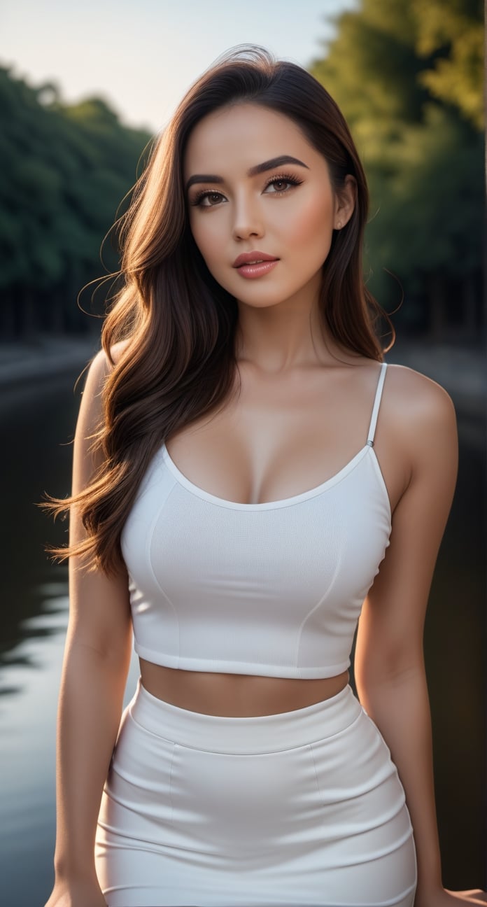 (masterpiece, realistic), best quality, ultra detailed, intricate, professional photography, HDR, High Dynamic Range, (8k UHD), RAW photo, dslr, realistic LUT, cinematic LUT, perfect lighting, professional lighting, cinematic lighting, cinematic shadows, iridescent lighting, Stunning, young, woman, Long hair, Beehive hair, Bald, Brown hair, Round eyes, Hazel eyes, Parted lips, Peach lips, Natural makeup, Surprised, Fit body, Standing, Look into the distance, Crop top, sun skirt, Natural light, Glow, Golden hour, midnight black background, River background, Olympus OM-D E-M1 Mark III, Nokton 50mm f1.1, Tracking shot, BREAK PA7_Portrait-CU, Agfa vista, Underexposed,