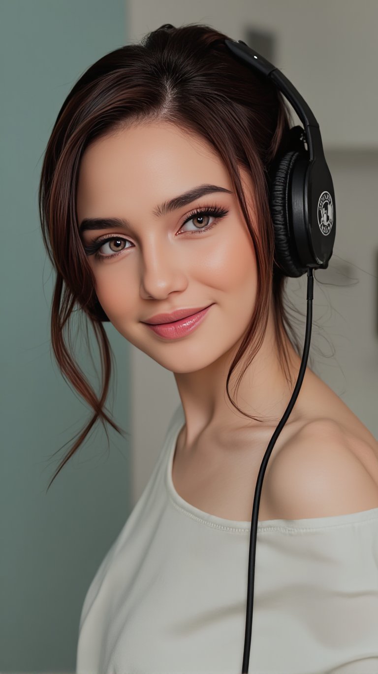 realistic, a girl with headphones on smiling,beautiful detailed eyes,beautiful detailed lips,extremely detailed eyes and face,long eyelashes,headphones,smile,happy expression,realistic portrait,8k resolution,highly detailed,photorealistic,global illumination,cinematic lighting,bokeh background,professional digital art,artgerm style,rossdraws style