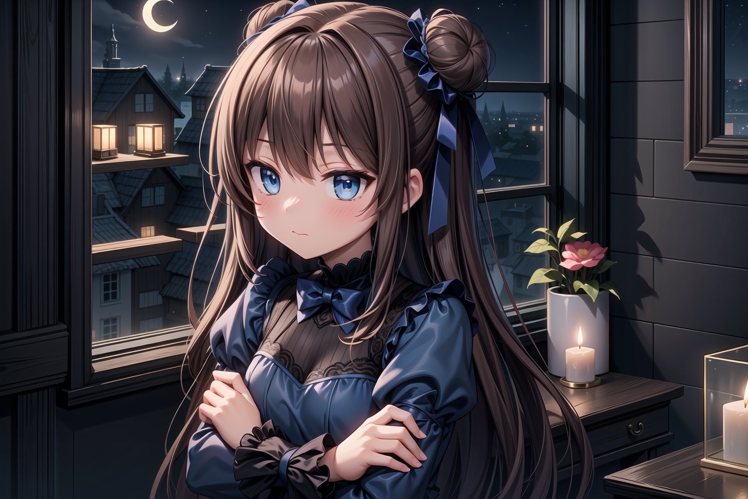 1girl, solo, long hair, blush, bangs, blue eyes, brown hair, long sleeves, transparent lace dress, bow, ribbon, closed mouth, flower, hair bow, puffy sleeves, indoors, hair bun, blue dress, window, double bun, night, blue dress, crossed arms, moon, candle, crescent moon,neon background, tiny breasts