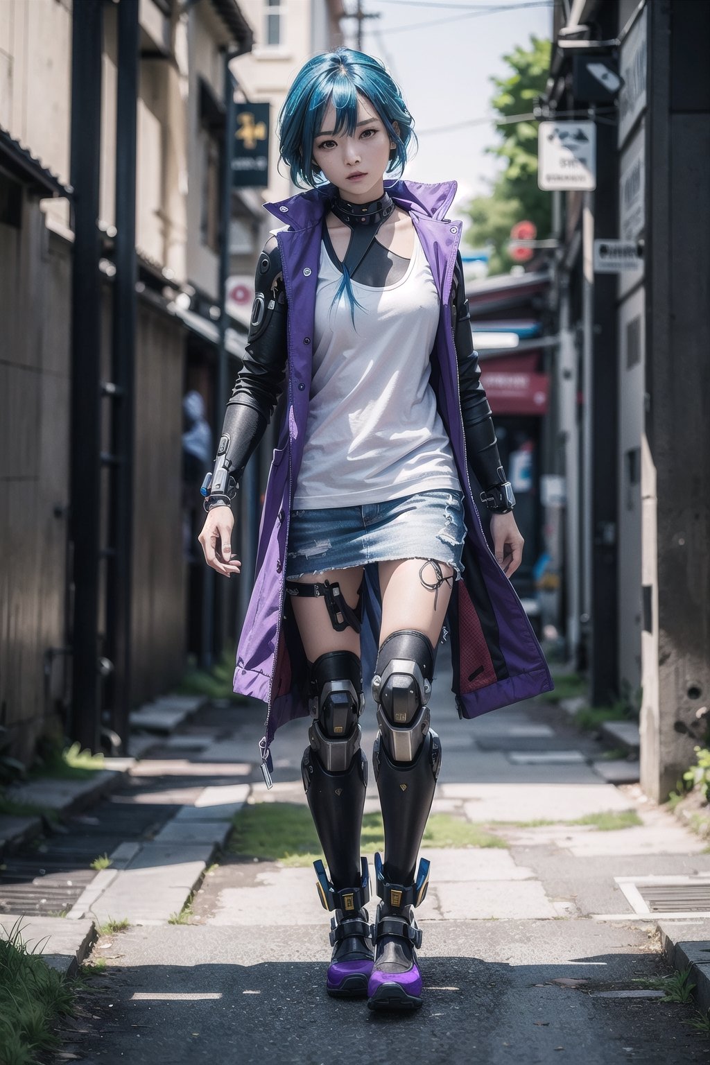 (masterpiece), best quality, high resolution, highly detailed, detailed background, 1girl, moderate cybernetic enhancements, blue hair, sleeveless full length plain coat, intense,  wide chin, tattoos, strong stance, purple highlights, facing_viewer, chin up, stepping forward,