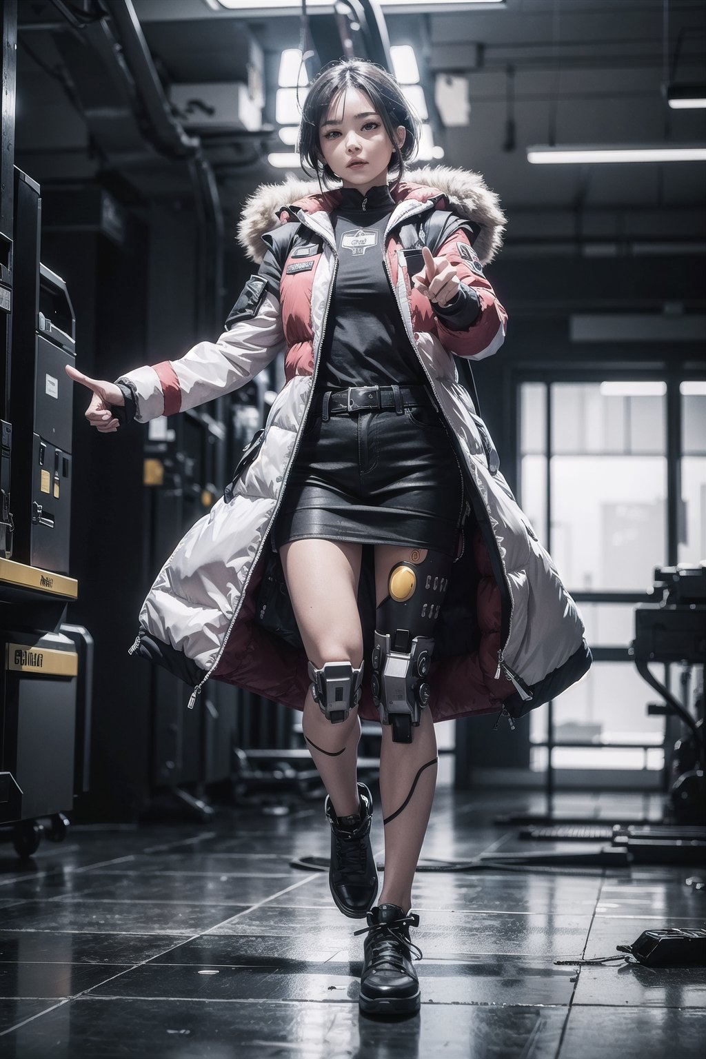 (masterpiece), best quality, high resolution, highly detailed, detailed background, 1girl, moderate cybernetic enhancements, aggressive hair, sleeveless full length plain puffy coat, intense, coy, full chin, tattoos, strong stance, pointing at the viewer