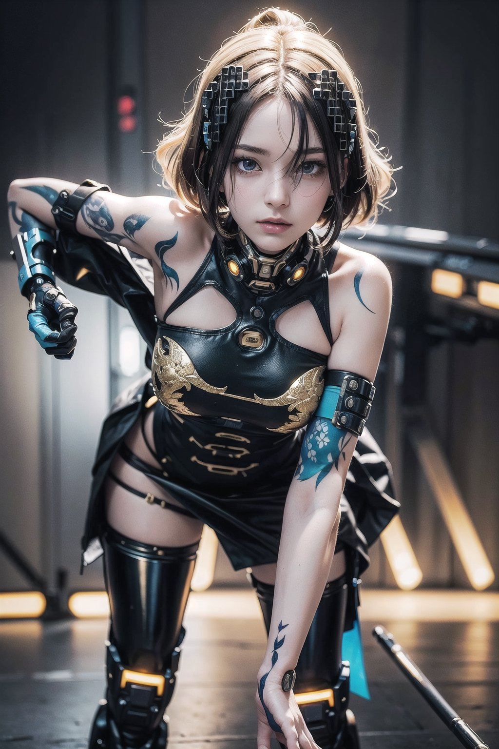 (masterpiece), best quality, high resolution, highly detailed, detailed background, 1girl, moderate cybernetic enhancements, insane hair with pure gold highlights, sleeveless full length coat with intricately detailed circuitry. intense, coy, full chin, tattoos, strong stance, approaching the viewer