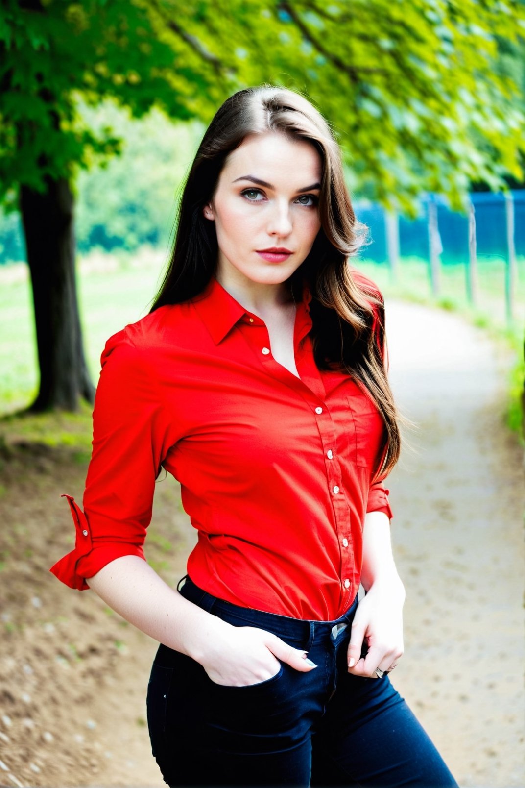 curvy slim young beautiful 16 years old teen, beauful red shirt, perfect shirt, europen look, pale skin, outdoor,photo, at day 