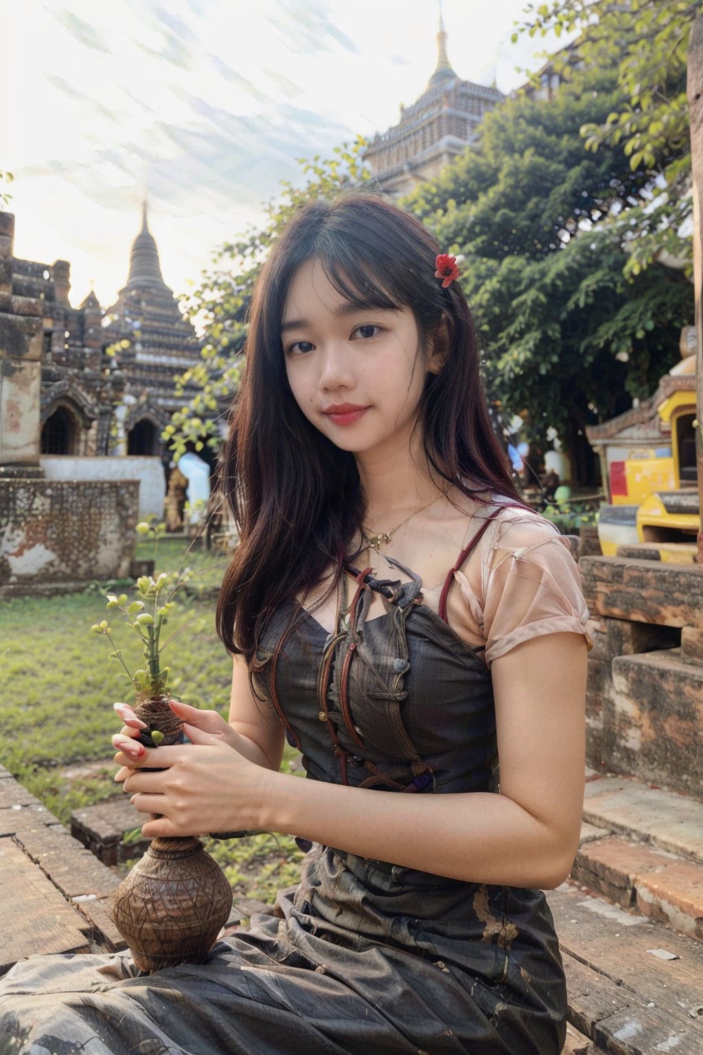 1girl,pagoda,((outdoors)),PrettyLadyxmcc,outdoors,holding_flower