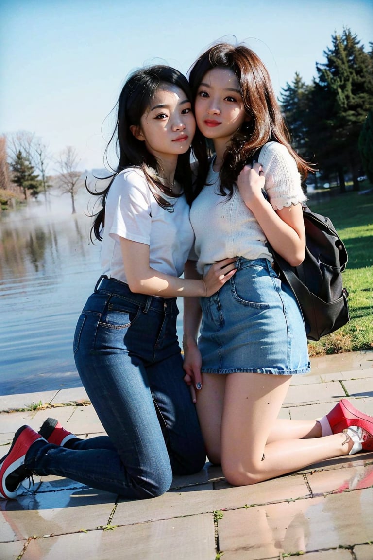 (((2 girls kissing))), (((very long hair with blunt bangs))) ,(Beautiful and detailed eyes), (denim outfit:1.1), 
(masterpiece:1.4), (best quality:1.4), super fine illustration,an extremely cute and beautiful girl,highly detailed beautiful face and eyes, cute little girl, sad, (full_body), perfect hands, hide hand, absurdres, highres, ultra detailed, BREAK
((foggy lake background)), ((two high school girls kneeling)), school, most beautiful korean girls, Korean beauty models, idol face, gorgeous girls, 13yo, over sized eyes, big eyes, smiling, looking at viewer,