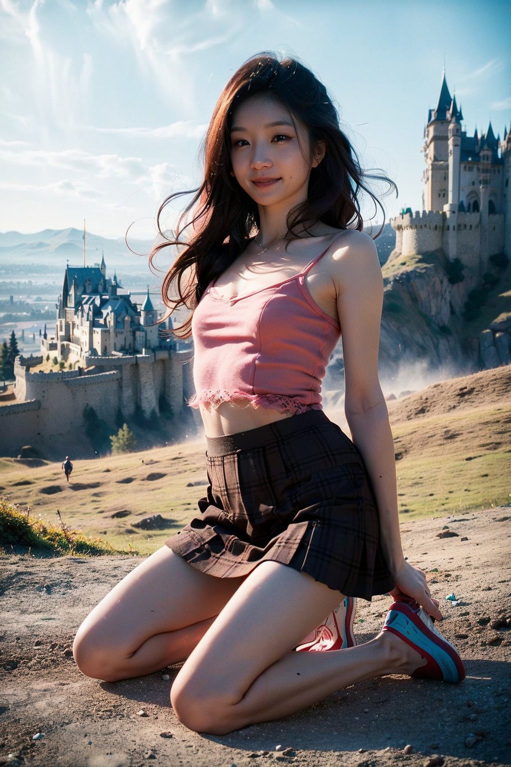 ((plaid schoolgirl skirt and lace v-cut camisole)),((Beautiful girly body proportions)),((smaller body frame:1.6)), drawn action: (the girl must be kneeling with legs wide apart around the mountaintop castle:1.4),(The wind blows her long hair:1.4), smile expression, glasses

(RAW photo, best quality), (realistic, photo-Realistic:1.3), best quality, masterpiece, beautiful and aesthetic, 16K, (HDR:1.4), low contrast,(vibrant color:0),face fill light , (muted colors, dim colors, soothing tones:1.4),  cinematic lighting, Exquisite details and textures, cinematic shot, warm tone, (Bright and intense:1.1), cinematic lighting, kat sweets poses, full body on display,head to toe portrait,1girl , solo, realistic,