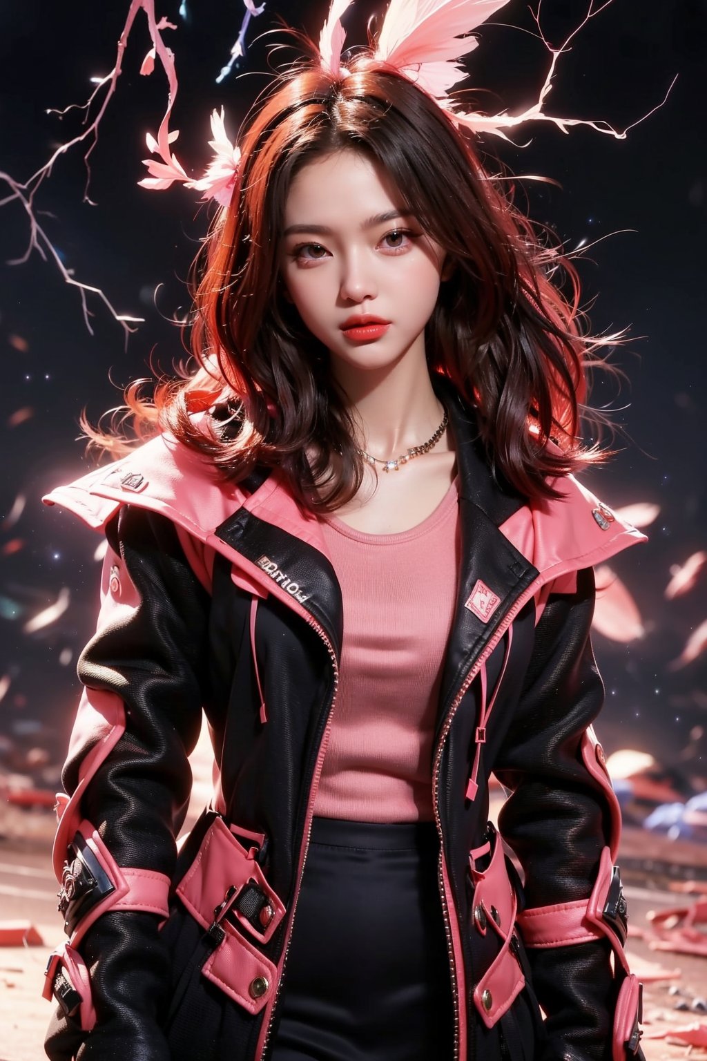 (masterpiece, high quality:1.5), (8K, HDR), masterpiece, best quality, 1girl, solo, upper body, FuturEvoLab style, black background, FuturEvoLab-girl, FuturEvoLabStyle:1.5, Thunder Flash, Lightning aura, Lightning, 