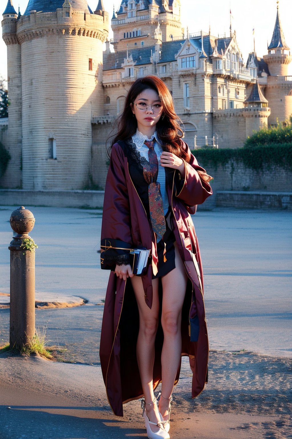 One girl ,glasses, (wearing lace academic gown and necktie:1.4), drawn action: (the girl must be catwalking around the “seaside castle" ,basking in the evening sun:1.4), cowboy shot,cinema light ,HDR,white skin,1 girl ,solo,beauty,girl,shirt_lift