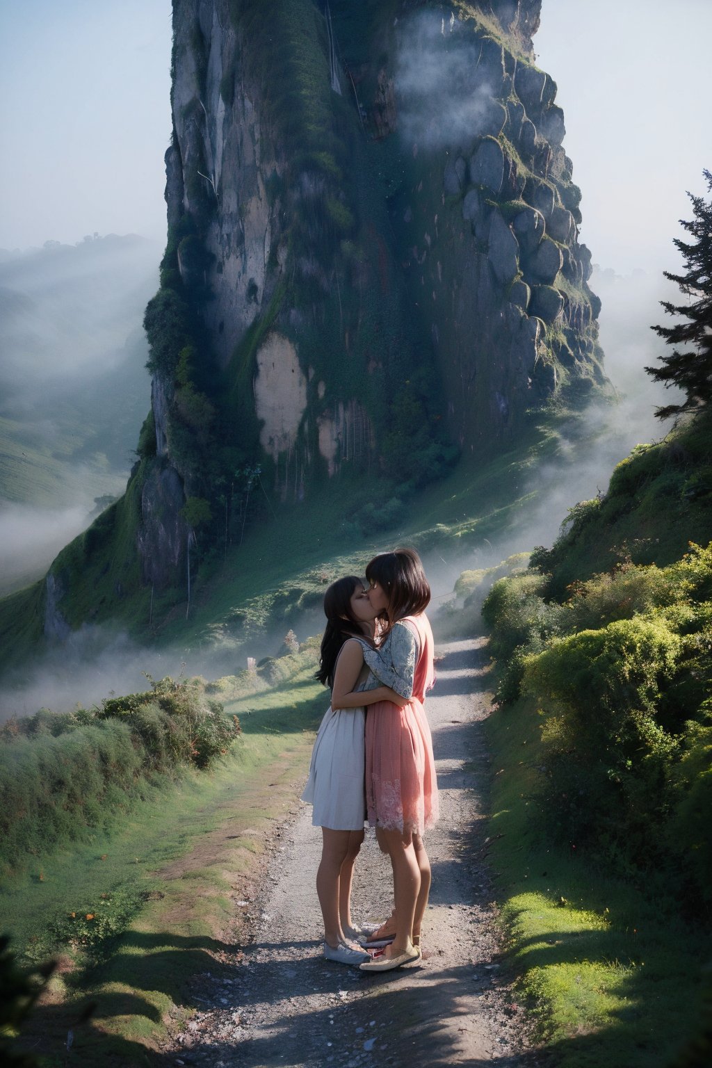 (((2girls kissing))),(Beautiful and detailed eyes),(((blunt bangs))) ,((lace dress)),best quality,4k,8k,highres,masterpiece:1.2),ultra-detailed,(realistic,photorealistic,photo-realistic:1.37),davincitech The eerie path covered with dense rocks was covered with fog, the magical and frightening tower at the end of the road added a mysterious atmosphere to the environment. An orange beam of light was spreading out from the windows of the tower, the poisonous fog had turned the plants around into a monster, they clung to life with all their efforts in this terrible environment. The lavinitia flower was making its last efforts.. high sharp rocks, fog, mystical plants. bright pink plant