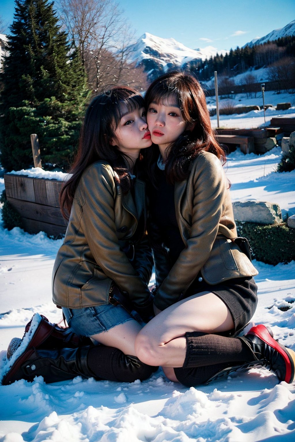 (((2girls kneeling and kissing))),(Beautiful and detailed eyes),(((blunt bangs))) ,cute girl, long hair, grey winter coat fashion, black short skirt, boots, Sitting cross-legged on wood log, switzerland, snowy mountains background, blue sky, 4K, ultra HD, RAW photo, realistic, masterpiece, best quality, beautiful skin, white skin, 50mm, medium full shot, outdoor, full body, photography, Portrait, ,chinatsumura, high fashion