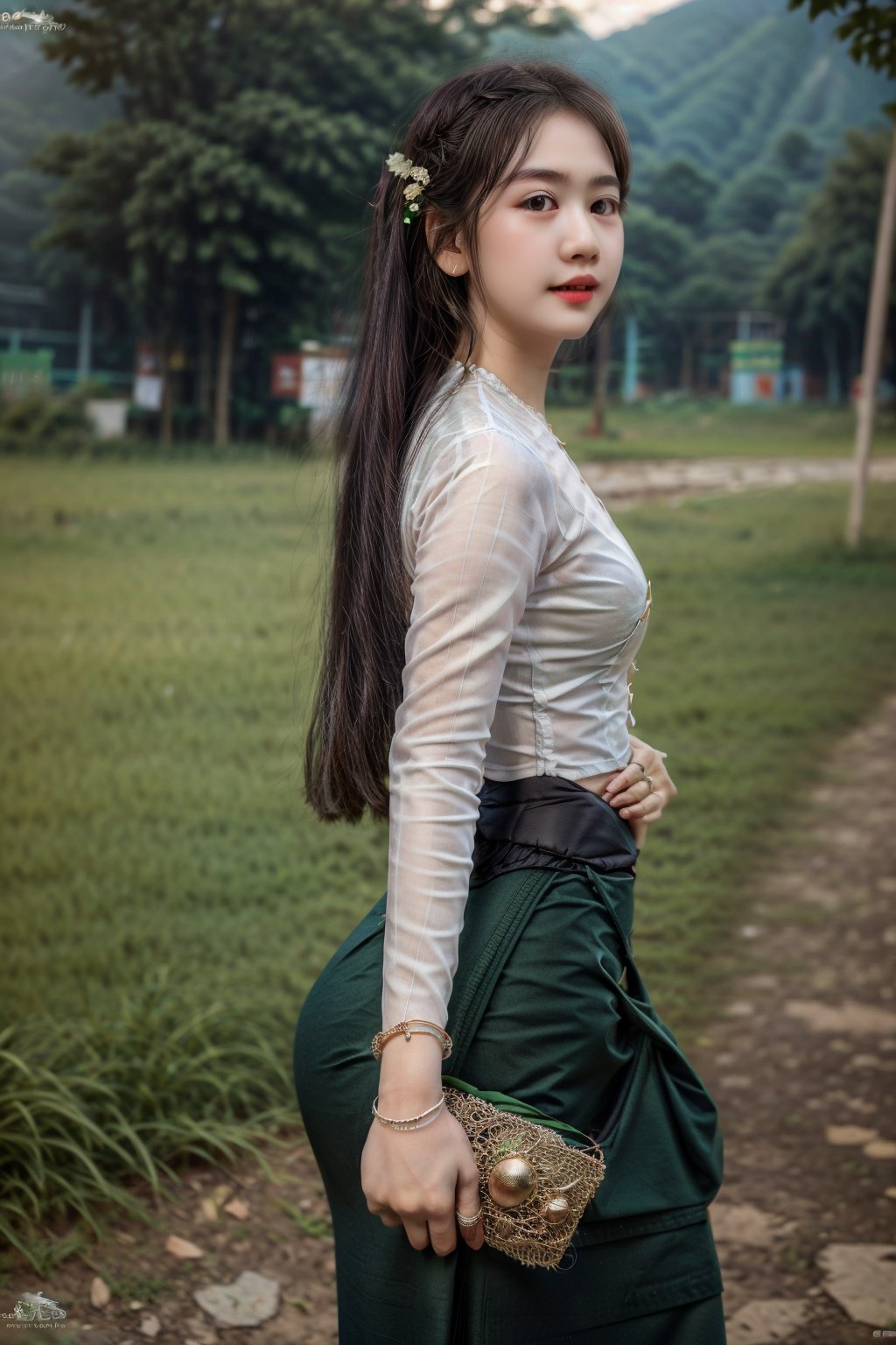 wearing acmmsayarma outfit, acmmsayarma ,Myanmar model ,long_hair,bracelet,outdoor,((green long skirt)),realistic,4k,detailed,front-view,((upper body)),road