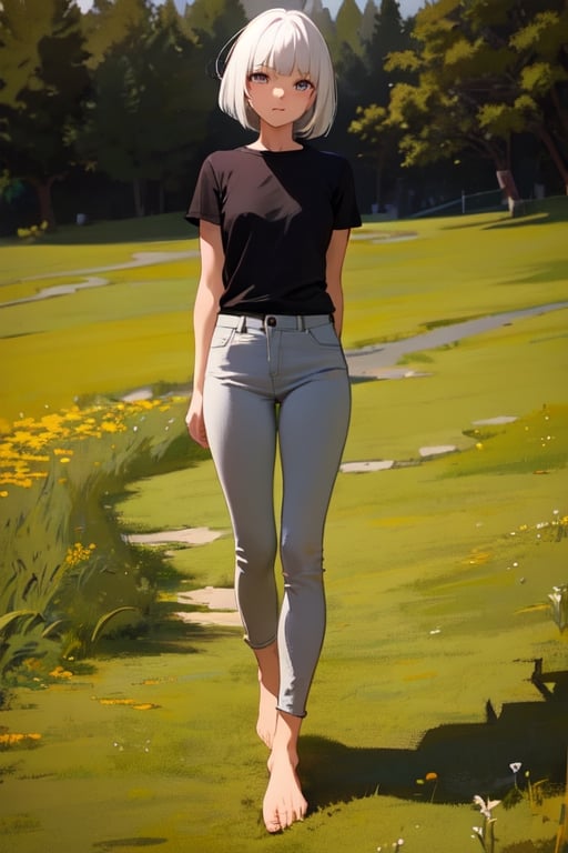 masterpiece, best quality, highres, 1girl, white hair, bob cut, beautiful detailed eyes, grey eyes, shirt, black shirt, short sleeve, skinny pants, gray pants, bare feet, standing, outdoor, grassland