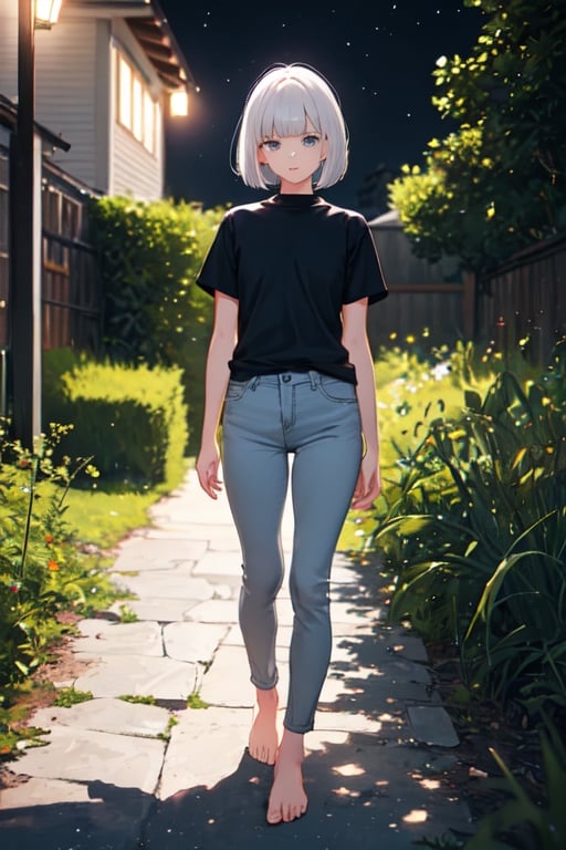 1girl, white hair, bob cut, beautiful detailed eyes, grey eyes, shirt, black shirt, short sleeve, skinny pants, gray pants, bare feet, standing, outdoor, nature, grass, nighttime, night, night sky, gloomy lighting