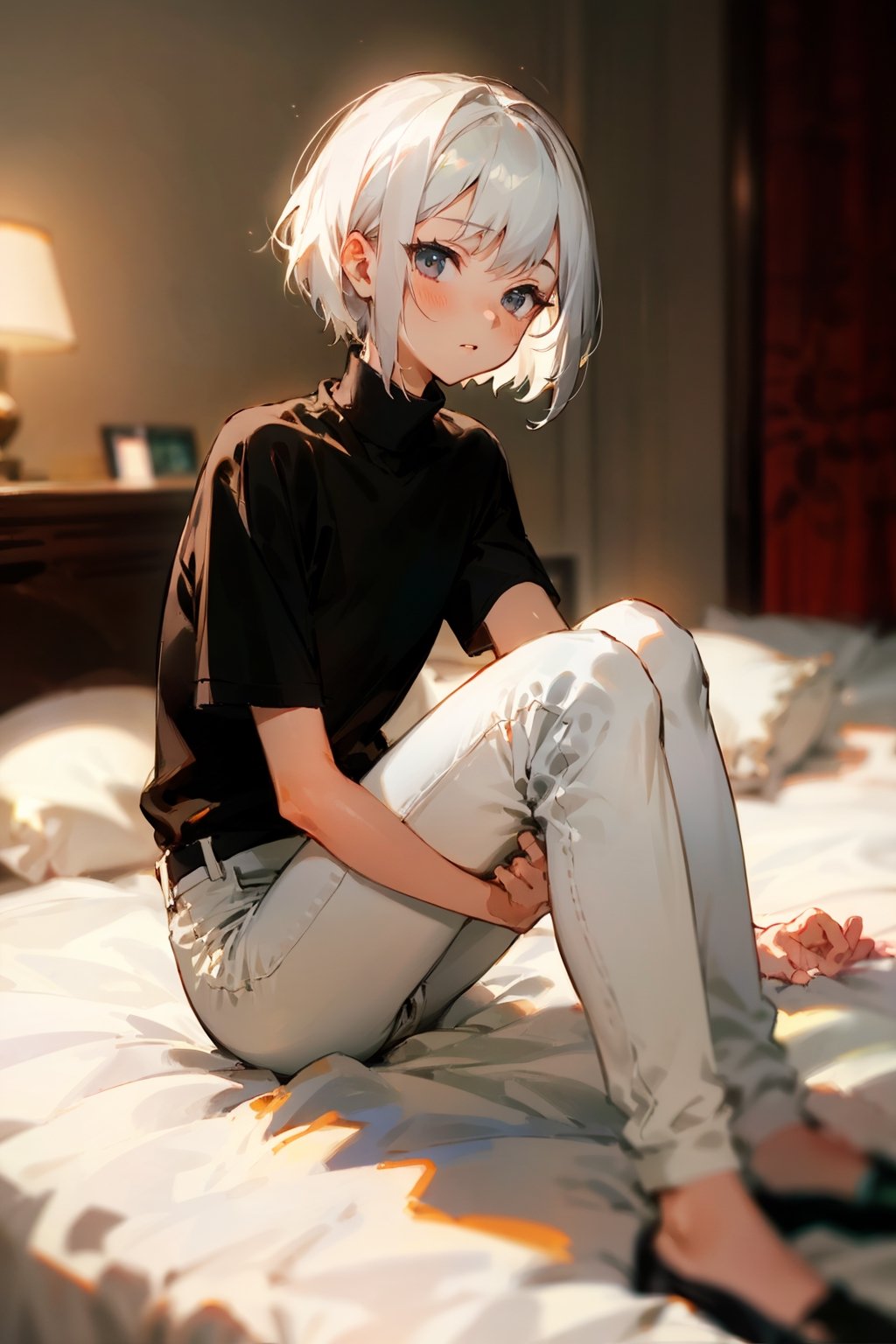 (masterpiece, best quality), 1girl with short white hair sitting on a bed, bedroom, her hand on her knees, warm lighting, black shirt, short sleeves, turtleneck, skinny pants, white pants, blurry foreground, girl