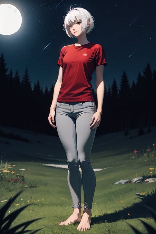 1girl, white hair, short hair, red shirt, short sleeve, skinny pants, gray pants, bare feet, standing, outdoor, nature, grass, nighttime, night, night sky