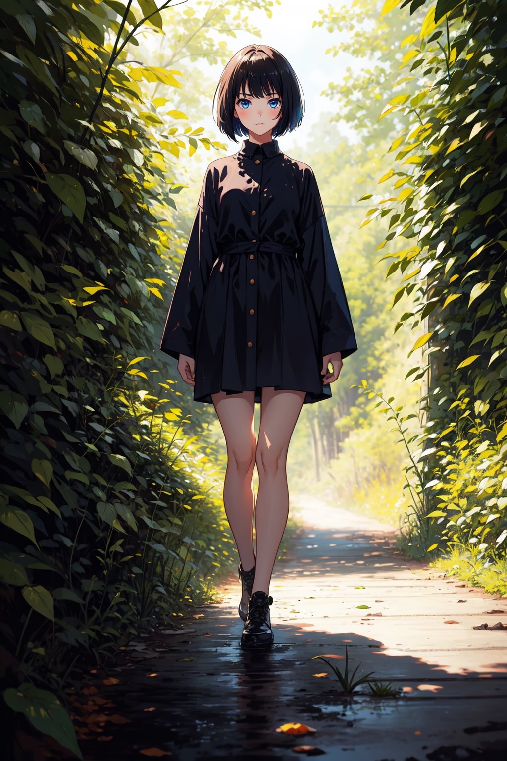 1girl, solo, full body, looking at viewer, nature background, bob cut, short hair